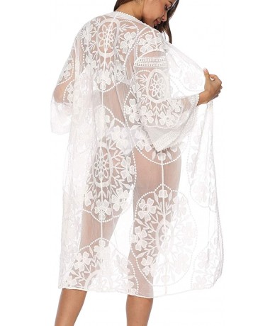 Cover-Ups Women's Lace Kimono Floral Crochet Sheer Beach Cover Ups Long Open Swimsuit Lace Cardigan - 1a-white - CI19C2HR97T ...