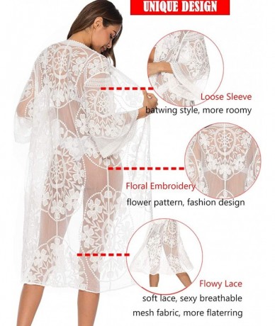 Cover-Ups Women's Lace Kimono Floral Crochet Sheer Beach Cover Ups Long Open Swimsuit Lace Cardigan - 1a-white - CI19C2HR97T ...