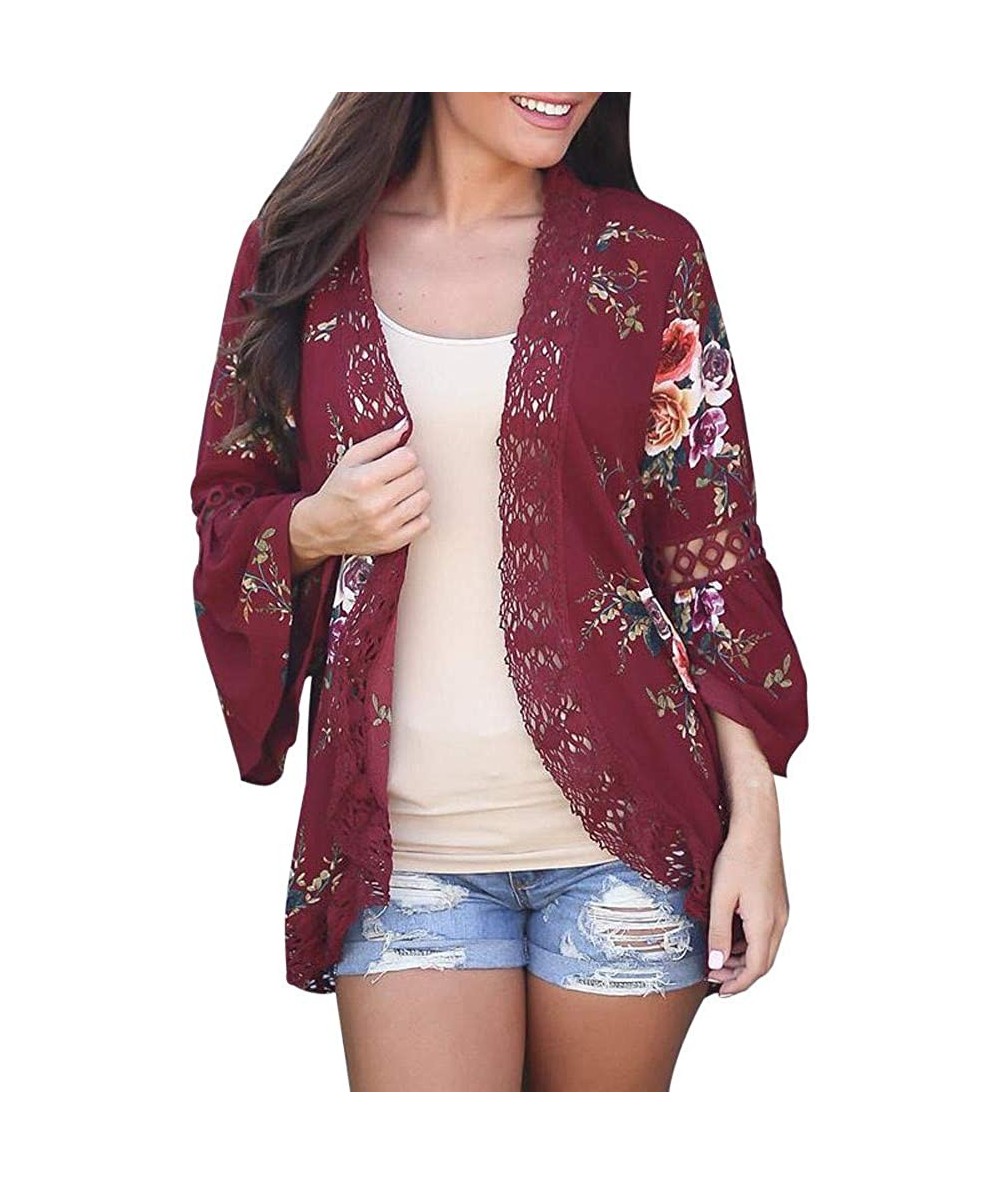 Cover-Ups Cardigans for Women锛孎udule Womens Lace Floral Kimono Open Cape Shawl Wrap Loose Chiffon Beach Cover Up Tops Outdoor...