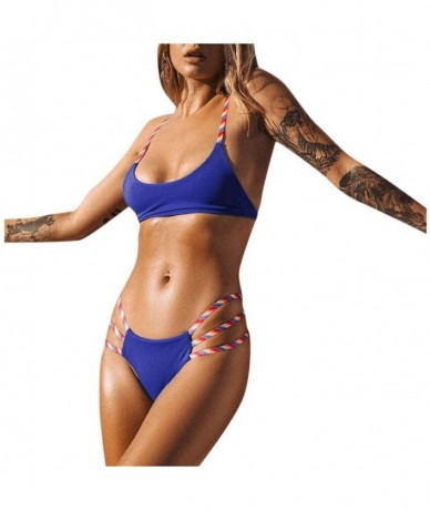 Bottoms Women Rainbow Swimwear Striped Bikini Set Push-Up Padded Strap Swimsuit Bathing Beachwear - Blue - CM194XLGTNS $24.83