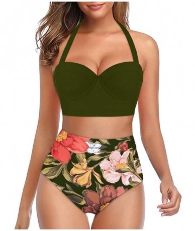 Racing Two Pieces Push-Up Padd Overlay Sunflower Print Bikini Stripe Bathing Suits Swimwear Beachwear Set - Green - CZ196XMA4...