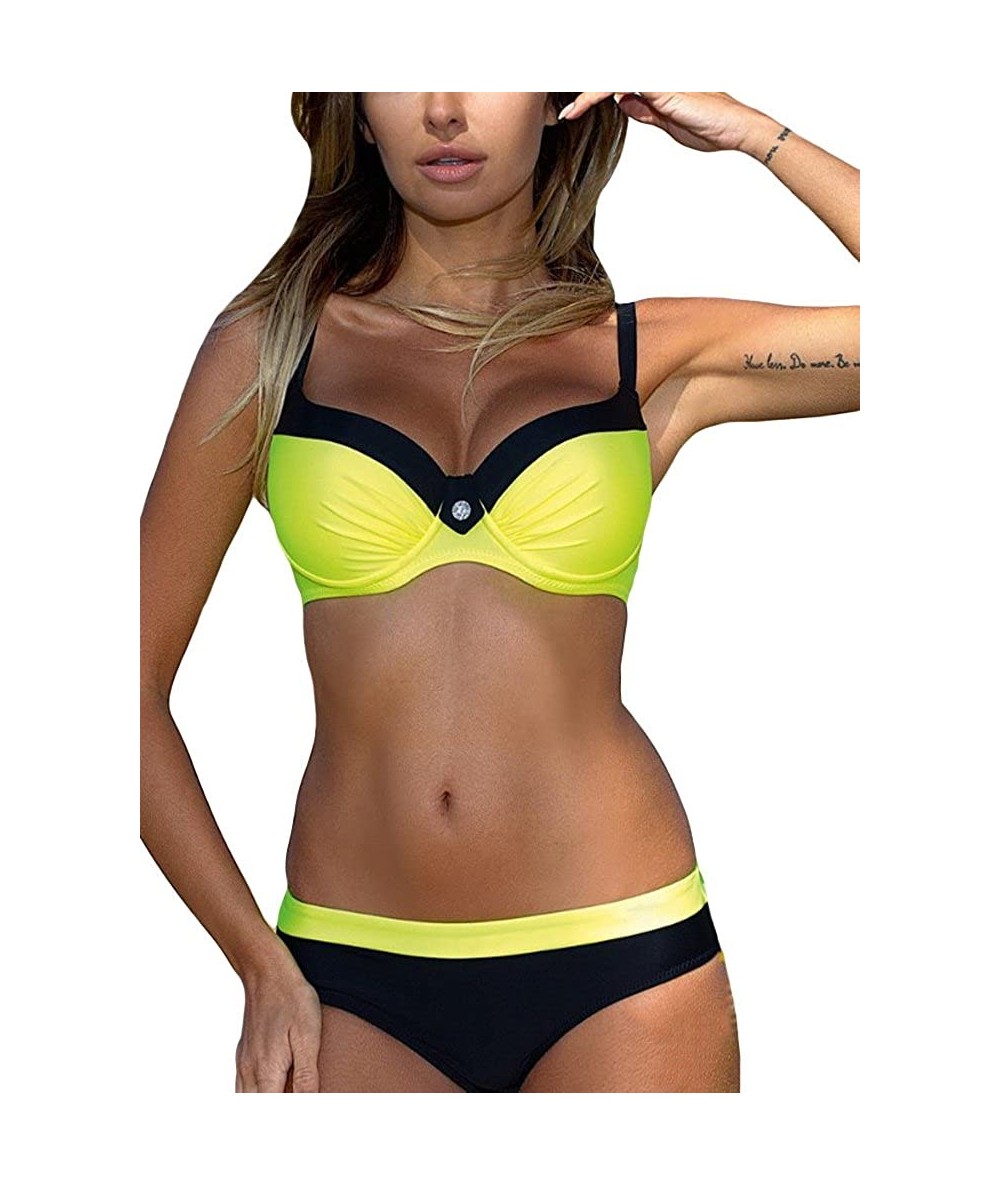 Sets Women Color Block Bikini Set Backless Push Up Padded Underwire Bandage Swimsuit Swimwear Bathing Suit Yellow Runs Small ...