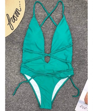 Sets Womens Sexy Deep V Neck High Waist Multi-Way Bandage One Piece Swimsuits Swimwear - Green - CY18ROSZR9M $39.88