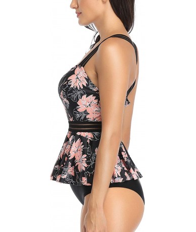 Tankinis Women's Flounce Tankini Set High Waisted Mesh Tummy Control Two Piece Swimsuit - Pink - CR1999E35G9 $55.52