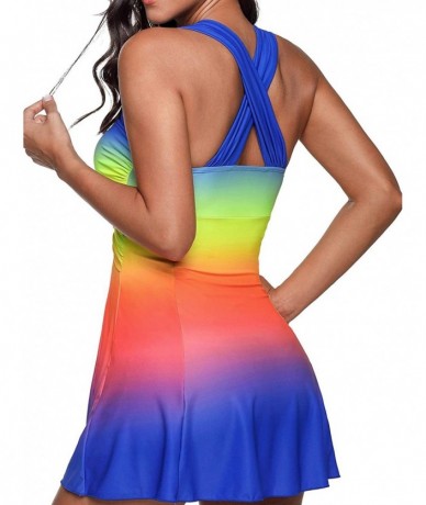 Sets Women Color Block Rainbow Tankini Swim Dress Two Pieces Swimsuit with Boyshorts (M-3XL) - Blue - CR18NYW983D $40.75