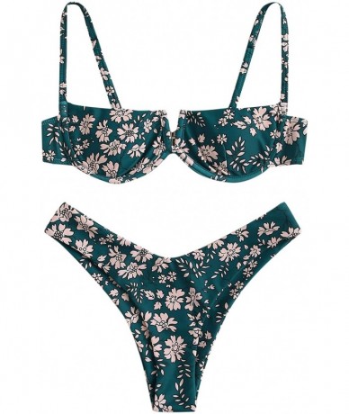 Sets Women's Floral Print Underwire Cami Top with High Cut Bikini Set - 1-green - CL19700HNLX $30.26