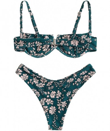 Sets Women's Floral Print Underwire Cami Top with High Cut Bikini Set - 1-green - CL19700HNLX $30.26