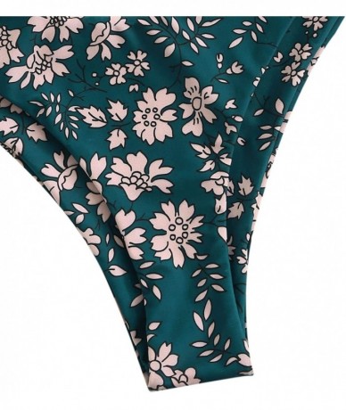 Sets Women's Floral Print Underwire Cami Top with High Cut Bikini Set - 1-green - CL19700HNLX $30.26