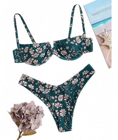 Sets Women's Floral Print Underwire Cami Top with High Cut Bikini Set - 1-green - CL19700HNLX $30.26