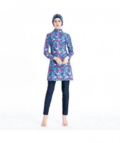 Racing Women Printed Floral Muslim Swimwear Muslimah Islamic Swimsuit Swim Surf Wear Burkini - Lake Blue - CH18Y3YUZ6R $59.91