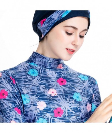 Racing Women Printed Floral Muslim Swimwear Muslimah Islamic Swimsuit Swim Surf Wear Burkini - Lake Blue - CH18Y3YUZ6R $59.91