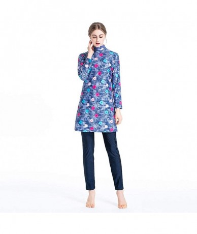 Racing Women Printed Floral Muslim Swimwear Muslimah Islamic Swimsuit Swim Surf Wear Burkini - Lake Blue - CH18Y3YUZ6R $59.91