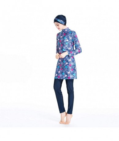 Racing Women Printed Floral Muslim Swimwear Muslimah Islamic Swimsuit Swim Surf Wear Burkini - Lake Blue - CH18Y3YUZ6R $59.91