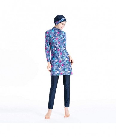 Racing Women Printed Floral Muslim Swimwear Muslimah Islamic Swimsuit Swim Surf Wear Burkini - Lake Blue - CH18Y3YUZ6R $59.91