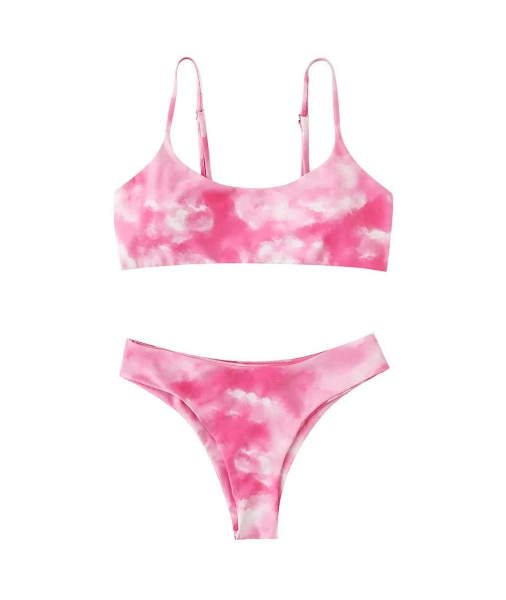 Sets Womens Tie Dye Two Piece Swimsuits-Sexy Lace Up High Waisted Thong Bikini Set Bathing Suit - Pink - CW190Z8GGY6 $26.32