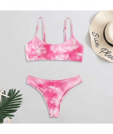 Sets Womens Tie Dye Two Piece Swimsuits-Sexy Lace Up High Waisted Thong Bikini Set Bathing Suit - Pink - CW190Z8GGY6 $26.32