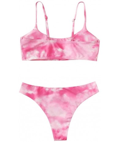 Sets Womens Tie Dye Two Piece Swimsuits-Sexy Lace Up High Waisted Thong Bikini Set Bathing Suit - Pink - CW190Z8GGY6 $26.32