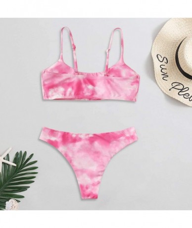 Sets Womens Tie Dye Two Piece Swimsuits-Sexy Lace Up High Waisted Thong Bikini Set Bathing Suit - Pink - CW190Z8GGY6 $26.32