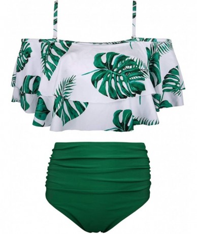 Sets Women Two Piece Swimsuit High Waisted Off Shoulder Ruffled Bikini Set - Gn Leaf-5 - CR18XUAQWLO $44.09