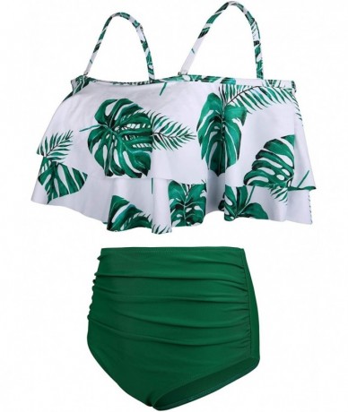 Sets Women Two Piece Swimsuit High Waisted Off Shoulder Ruffled Bikini Set - Gn Leaf-5 - CR18XUAQWLO $44.09