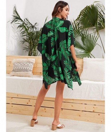 Cover-Ups Women Kimono Vintage Floral Beach Cover Up - Tropical Green - CX190MWEOXM $34.07