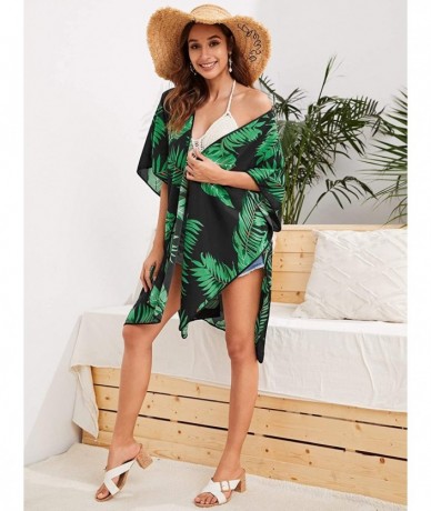 Cover-Ups Women Kimono Vintage Floral Beach Cover Up - Tropical Green - CX190MWEOXM $34.07