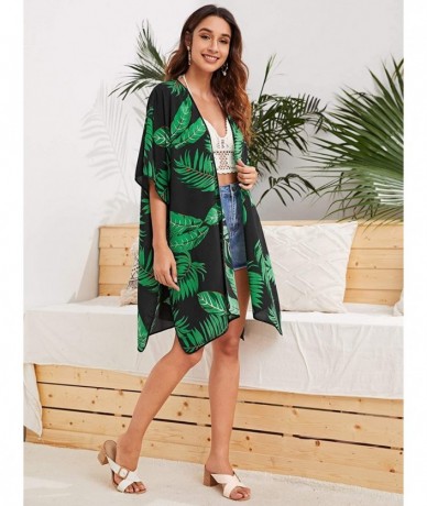 Cover-Ups Women Kimono Vintage Floral Beach Cover Up - Tropical Green - CX190MWEOXM $34.07