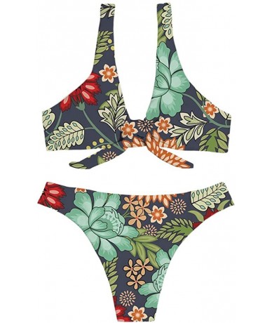 Sets Womens 2 Pices Bikini Sets Print Tie Knot Front High Waist Thong Bandage Bathing Suits - Flower - CT18RN8NRM2 $57.90