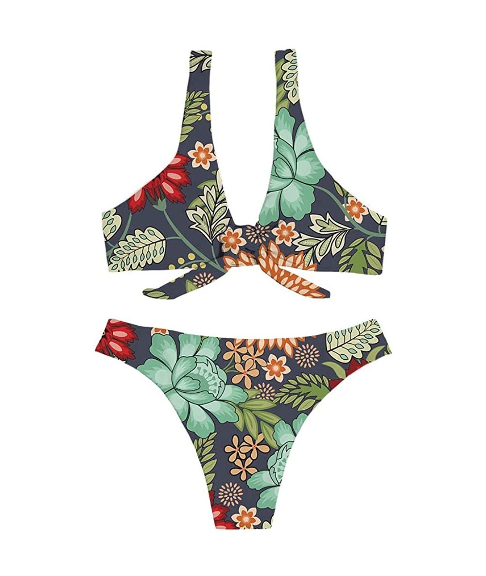 Sets Womens 2 Pices Bikini Sets Print Tie Knot Front High Waist Thong Bandage Bathing Suits - Flower - CT18RN8NRM2 $57.90