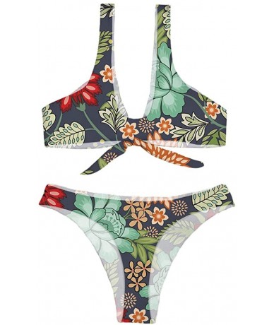 Sets Womens 2 Pices Bikini Sets Print Tie Knot Front High Waist Thong Bandage Bathing Suits - Flower - CT18RN8NRM2 $57.90