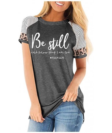 Rash Guards Shirts Be Still Letter Printed Stripe Leopard Print Tops for Women Short Sleeve Loose Comfy Blouse - Gray - C4197...