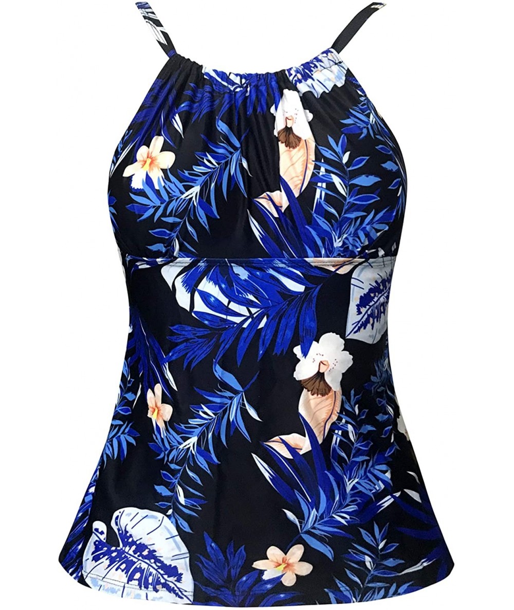 Tankinis Women's Retro Sailor Stripe Floral Sporty Tankini Top Swimsuit (FBA) - Blue Leaf - CB19D6HYEMM $36.63