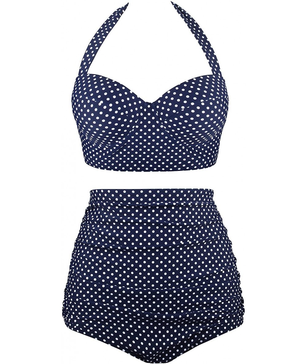 Tankinis Women Vintage Polka Dot High Waisted Bathing Suits Bikini Set - Old Size-navy - C312H2F1O1B $51.05