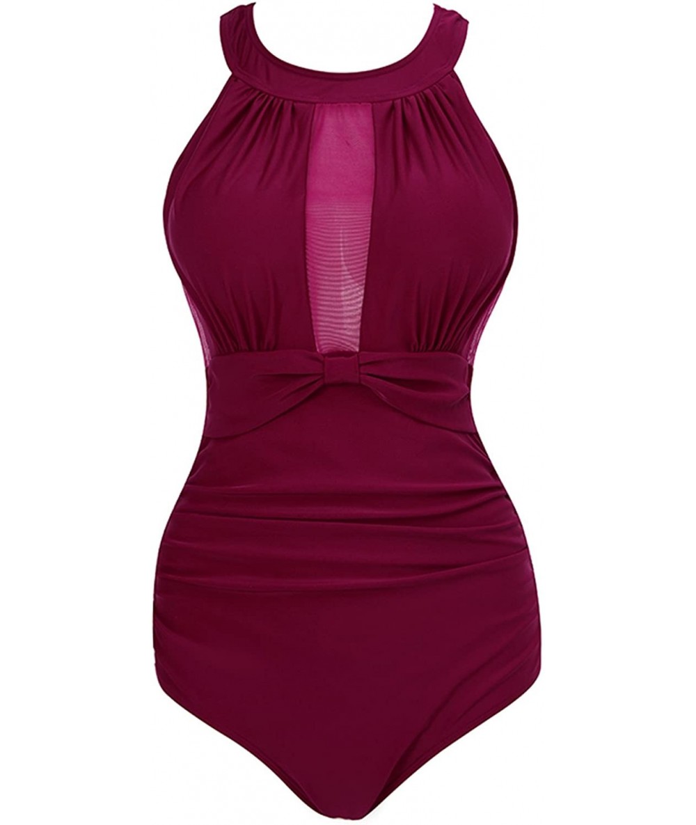 One-Pieces Womens One Piece Swimsuit Mesh Swimwear Solid Bathing Suit - Deep Red - CX189TO0X5N $35.24