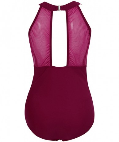 One-Pieces Womens One Piece Swimsuit Mesh Swimwear Solid Bathing Suit - Deep Red - CX189TO0X5N $35.24