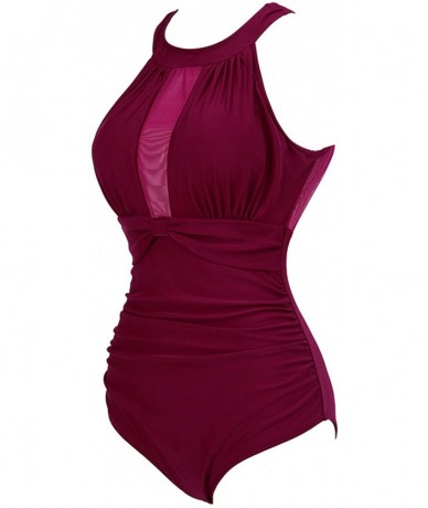 One-Pieces Womens One Piece Swimsuit Mesh Swimwear Solid Bathing Suit - Deep Red - CX189TO0X5N $35.24