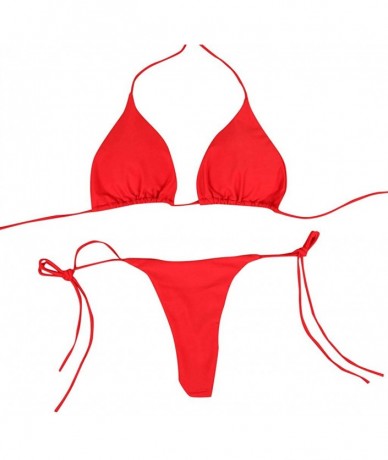 Sets Women's String Bikini Set Sexy Halter Thong Brazilian Bikini Tie Side Bottom Triangle Two Piece Swimsuit - Red - CC19030...