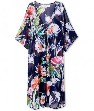 Cover-Ups Women's Beach Cover up Swimsuit Kimono Cardigan with Bohemian Floral Print - B Navy Floral - CX197NX2DRE $44.40