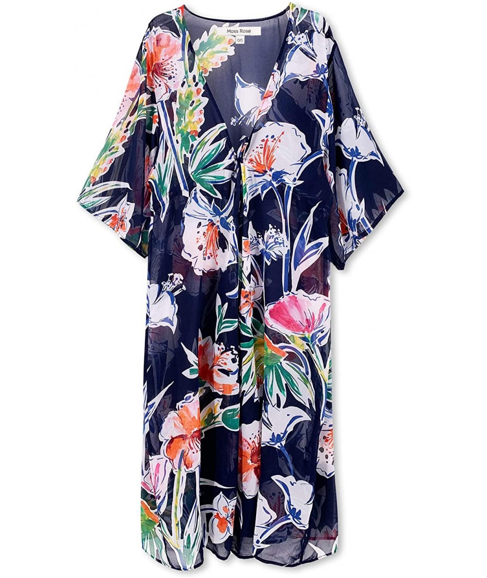 Cover-Ups Women's Beach Cover up Swimsuit Kimono Cardigan with Bohemian Floral Print - B Navy Floral - CX197NX2DRE $44.40