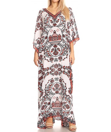 Cover-Ups Anahi Flowy Design V Neck Long Caftan Dress/Cover Up with Rhinestone - 17187-white / Red - CP185C7INNU $70.96