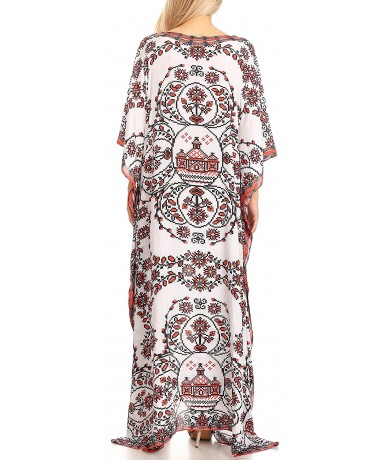 Cover-Ups Anahi Flowy Design V Neck Long Caftan Dress/Cover Up with Rhinestone - 17187-white / Red - CP185C7INNU $70.96