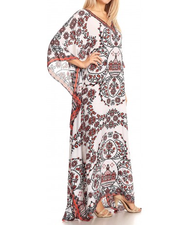 Cover-Ups Anahi Flowy Design V Neck Long Caftan Dress/Cover Up with Rhinestone - 17187-white / Red - CP185C7INNU $70.96