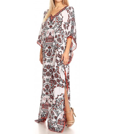 Cover-Ups Anahi Flowy Design V Neck Long Caftan Dress/Cover Up with Rhinestone - 17187-white / Red - CP185C7INNU $70.96