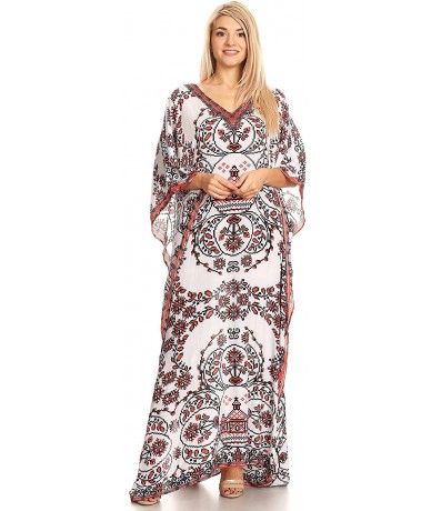 Cover-Ups Anahi Flowy Design V Neck Long Caftan Dress/Cover Up with Rhinestone - 17187-white / Red - CP185C7INNU $70.96