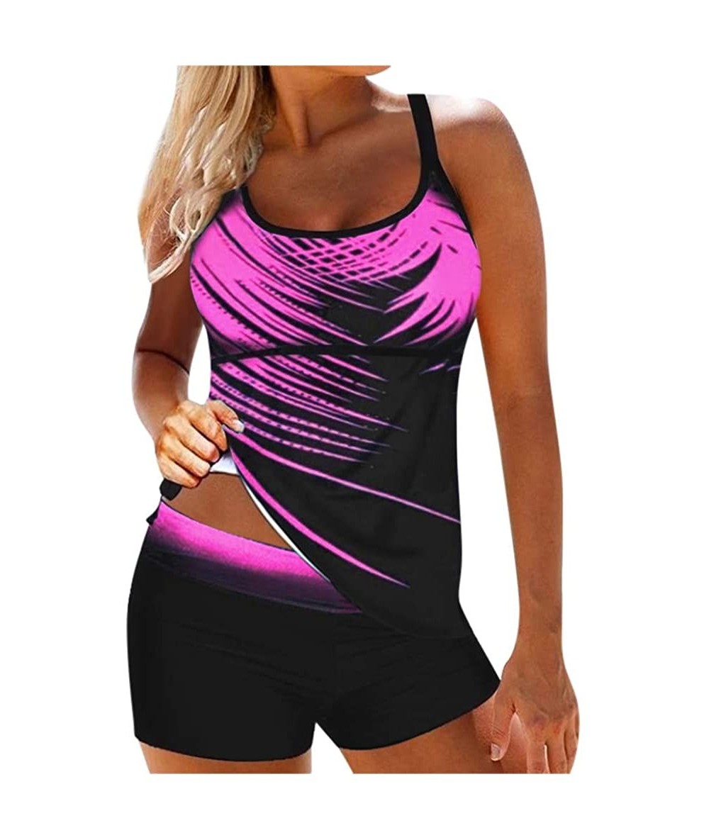 Racing Women's Print Tankini Top with Boyshort Swimsuit Two Piece Bathing Suit Padded Bikini Plus Size Slimming Swimwear Pink...