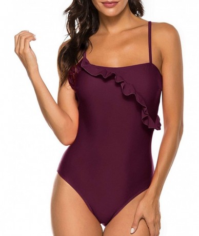 One-Pieces Women Sexy One Piece Bandeau Ruffle Push Up Bathing Suit Swimsuit - Wine Red - CM192Z6NZMY $40.53