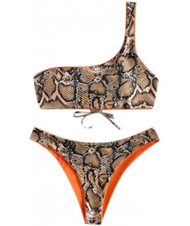 Sets Sexy One Shoulder Snake Pattern Tie Knot Front Bikini Set for Women Fashion 2PC Swimsuit Bandeau Swimwear Tankini Brown ...