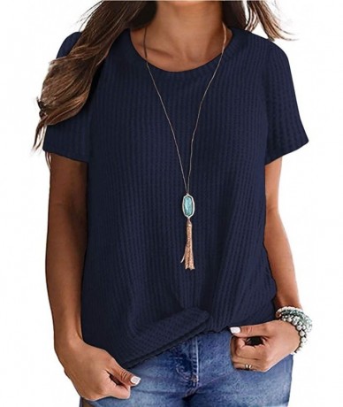 Racing Women's Sleeveless Tops 2020 Summer V Neck Shirts Solid Waffle Knit Loose Fit Tunic Tee - 1 - Navy - CO19942GKM3 $26.04