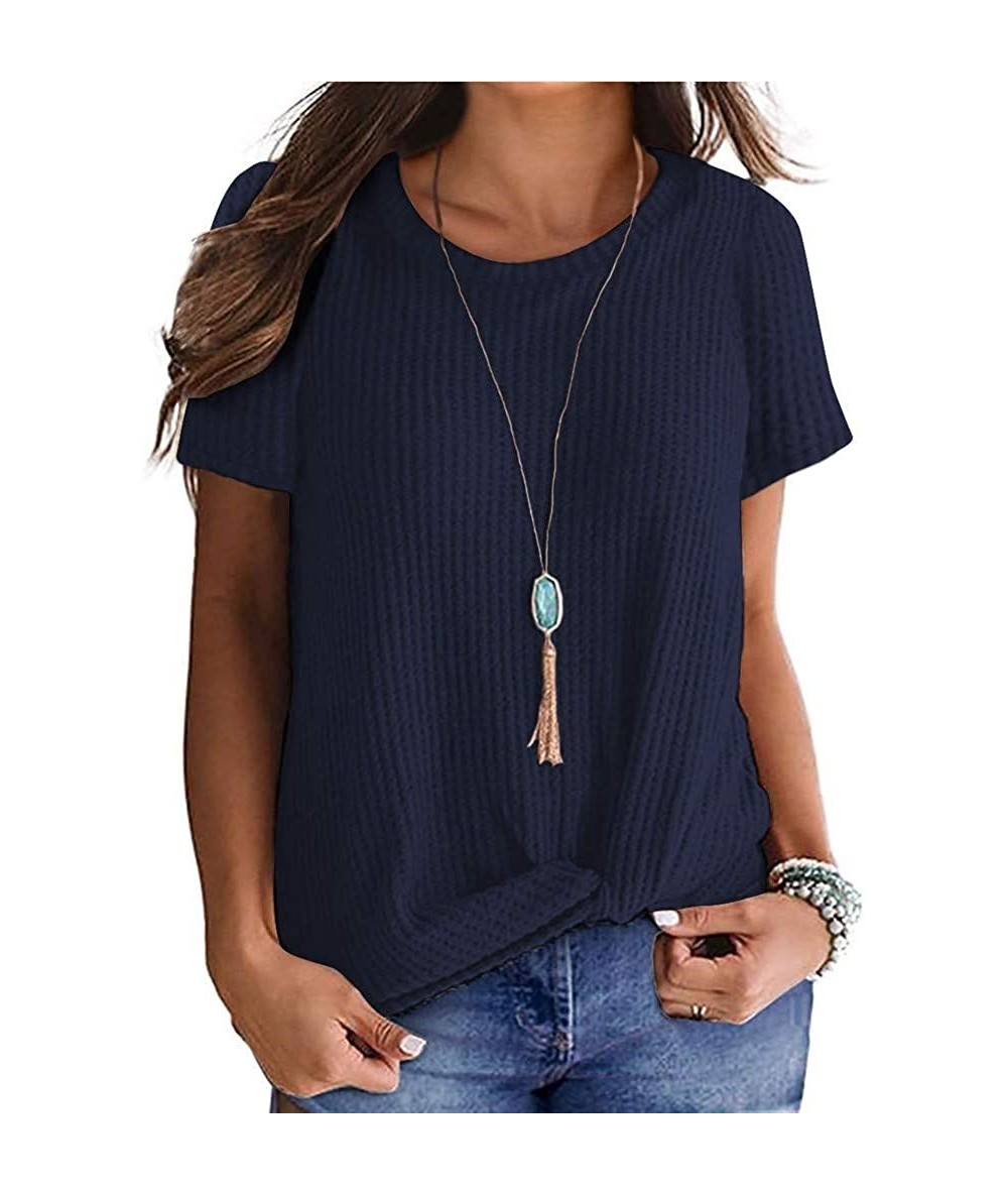 Racing Women's Sleeveless Tops 2020 Summer V Neck Shirts Solid Waffle Knit Loose Fit Tunic Tee - 1 - Navy - CO19942GKM3 $26.04