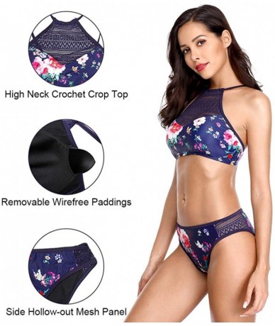 Sets Women Halter Bikini Swimsuit High Neck Bathing Suits Two Piece Swimwear - Navy Crochet-floral - C7194QWK5QI $43.17